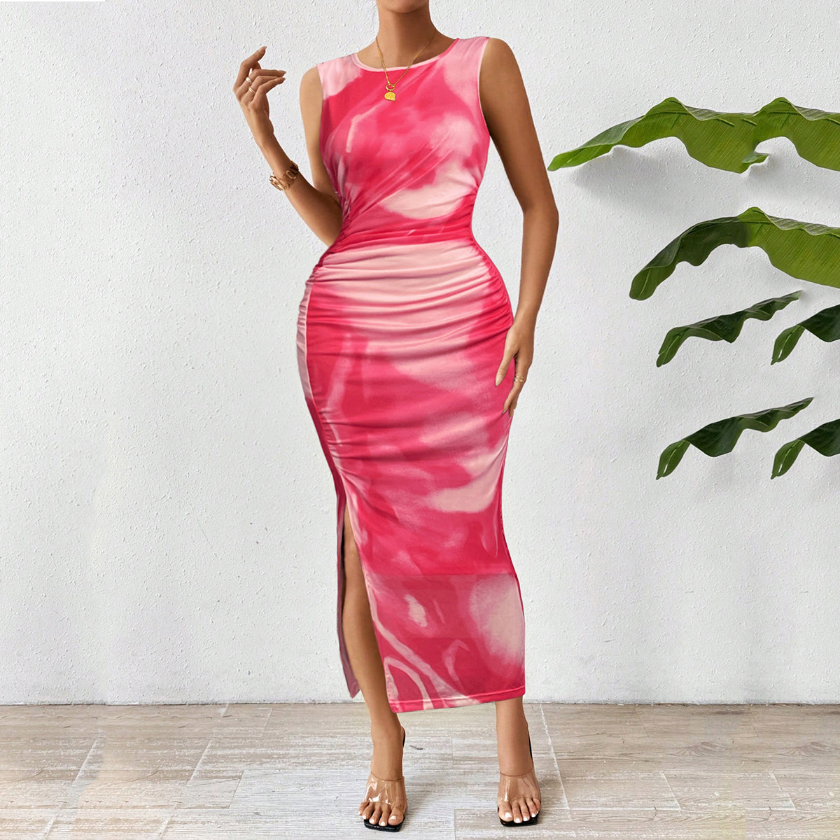 fitted lace wedding dress Fitted Midi Dress with High Slit Pink / FR 44 main image 1
