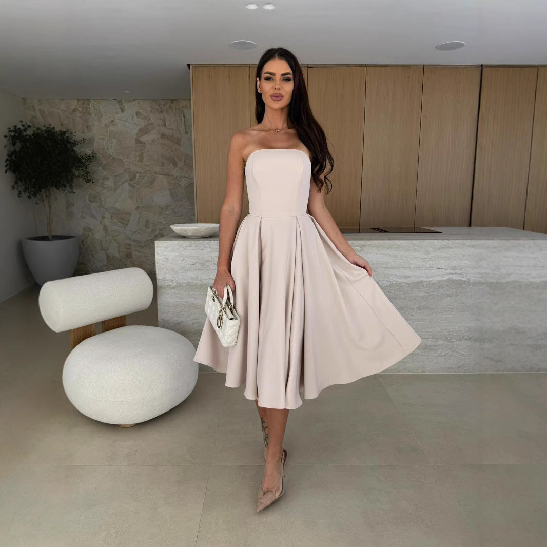 Shop Beige Tube Solid Pleated Dress - for Women | OUTZIDR