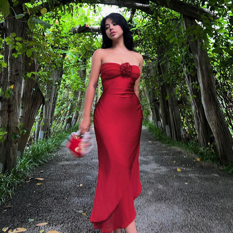 Shop Red Tube Dress With A Rosette Detail - for Women | OUTZIDR