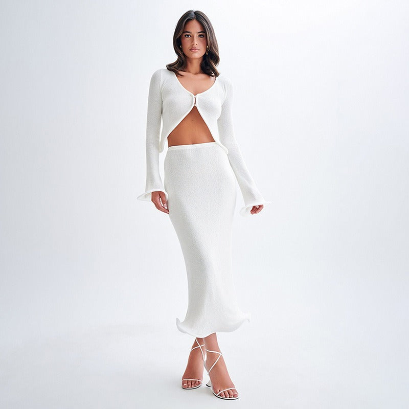 Shop White V Neck Full Sleeves Fitted Top With Fitted Skirt Coord