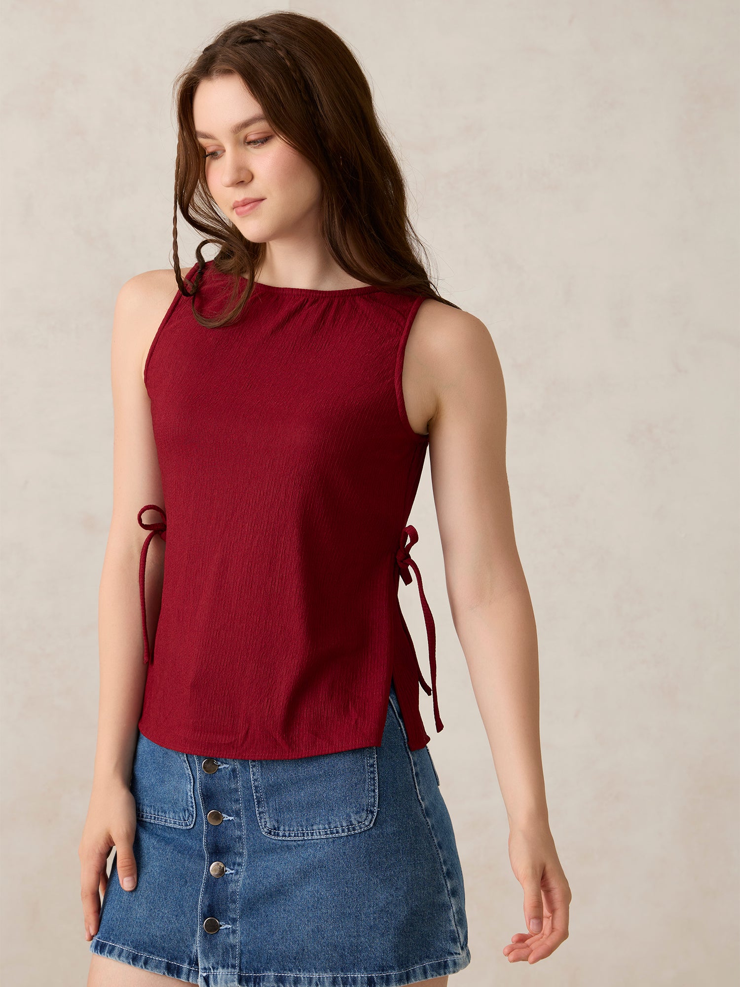 Shop Red Boat Neck Side Tie Up Top - for Women | OUTZIDR