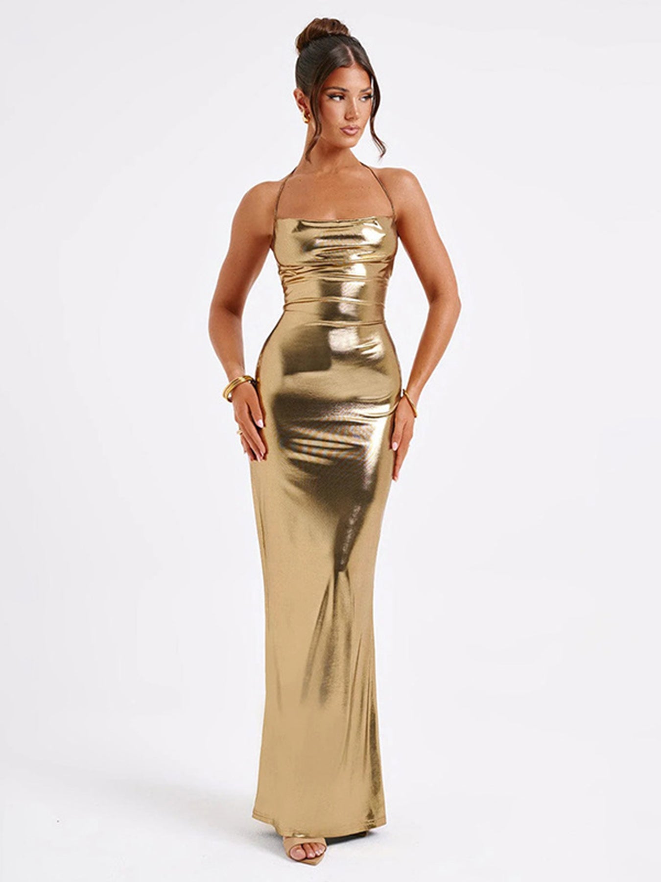 green emerald velvet dress MARIA Satin Cowl Neck SLIP Dress with Ruched Waist and Side Split main image 1