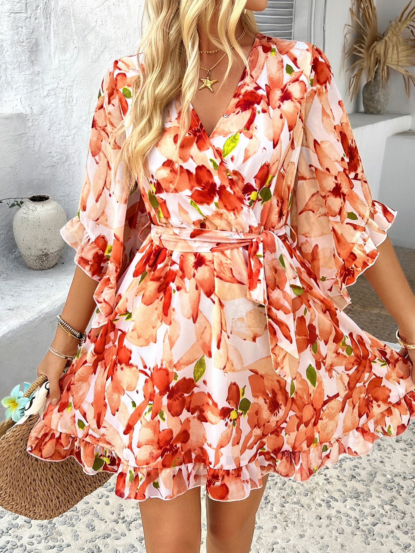 strapless open back dress Orange Lace Sleeved Scalloped Short Prom Dress