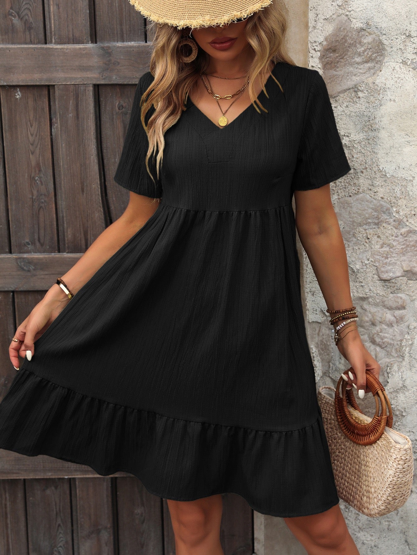 Shop Black V-Neck Short Sleeve Flowy Dress - for Women | OUTZIDR