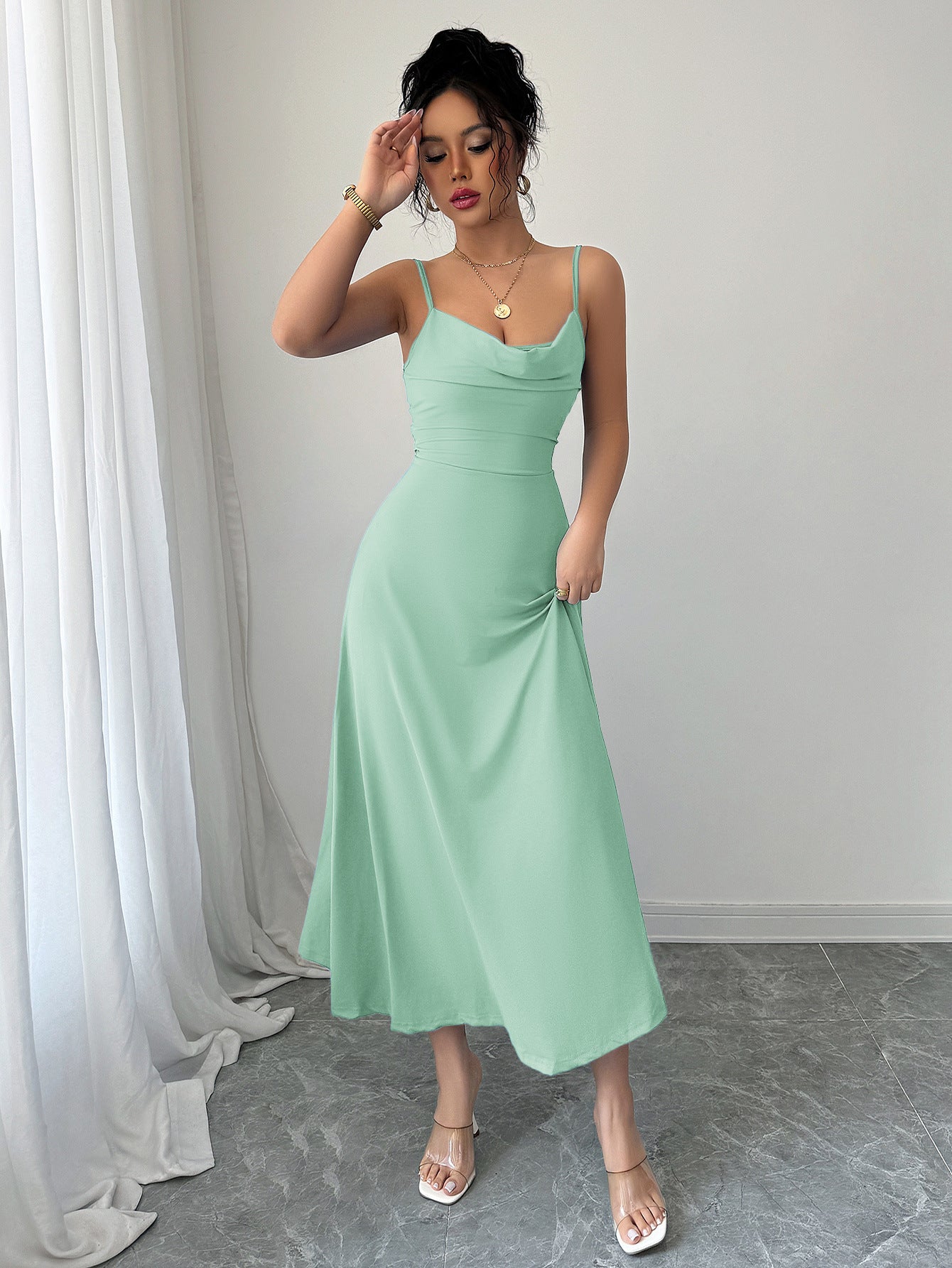slim fit dress slacks Shop Green Cowl Neck Cinched Fit & Flare Dress - for Women | OUTZIDR
